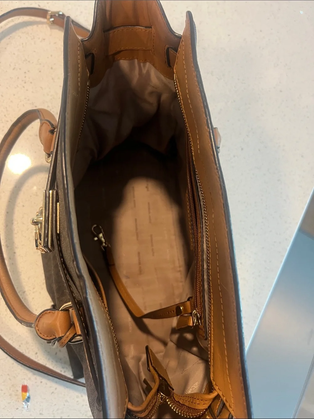 Michael Kors Brown and Tan Satchel with Gold Lock Accent